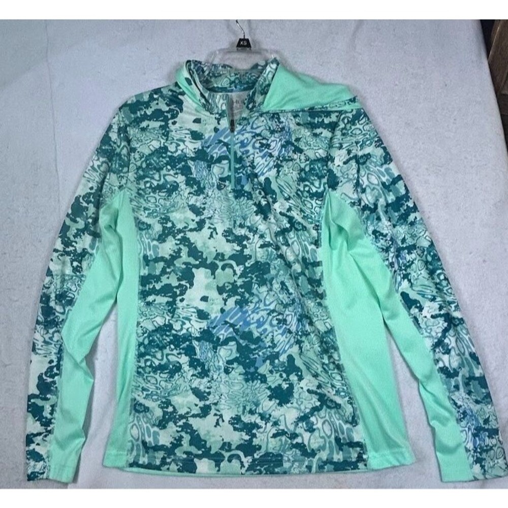 Huk Women's Large Green Camo Performance Hoodie Long Sleeve Fishing Shirt UPF